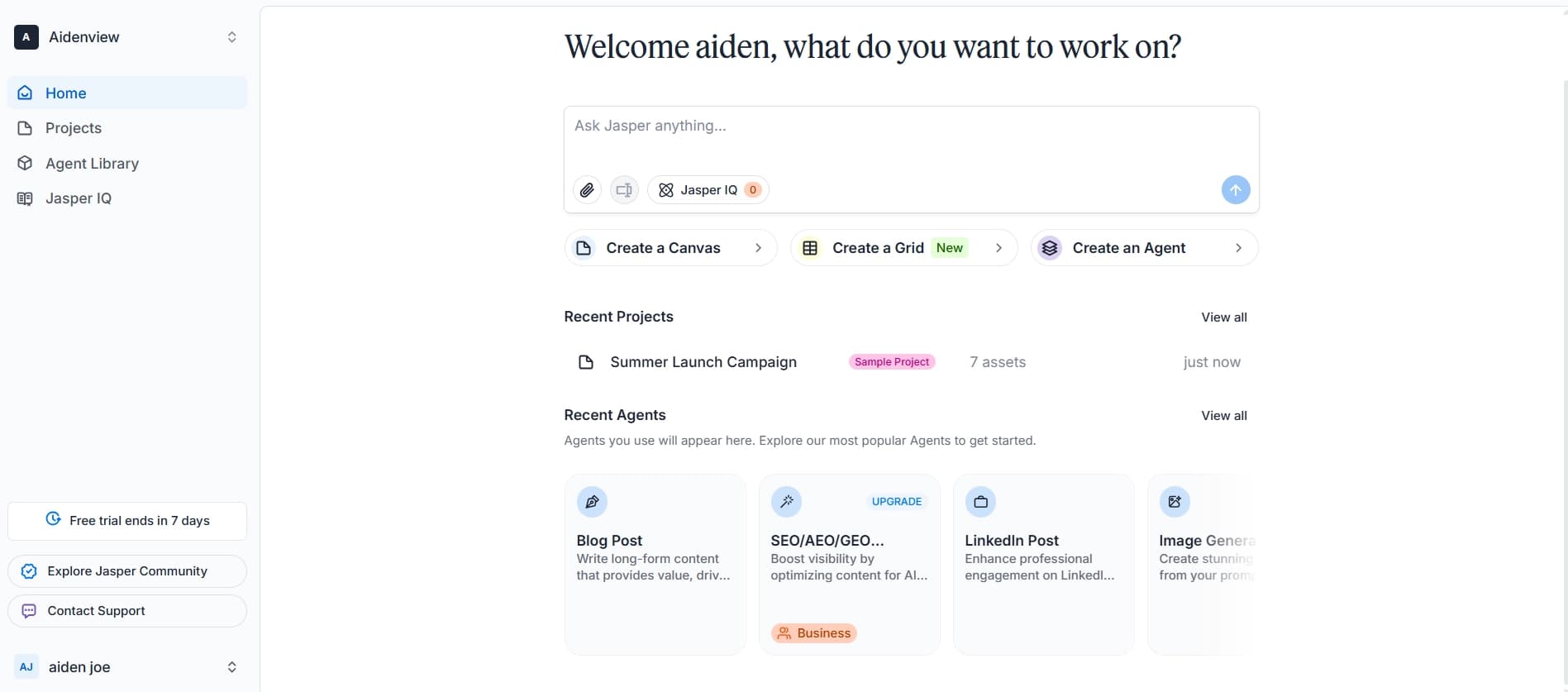 Jasper AI dashboard